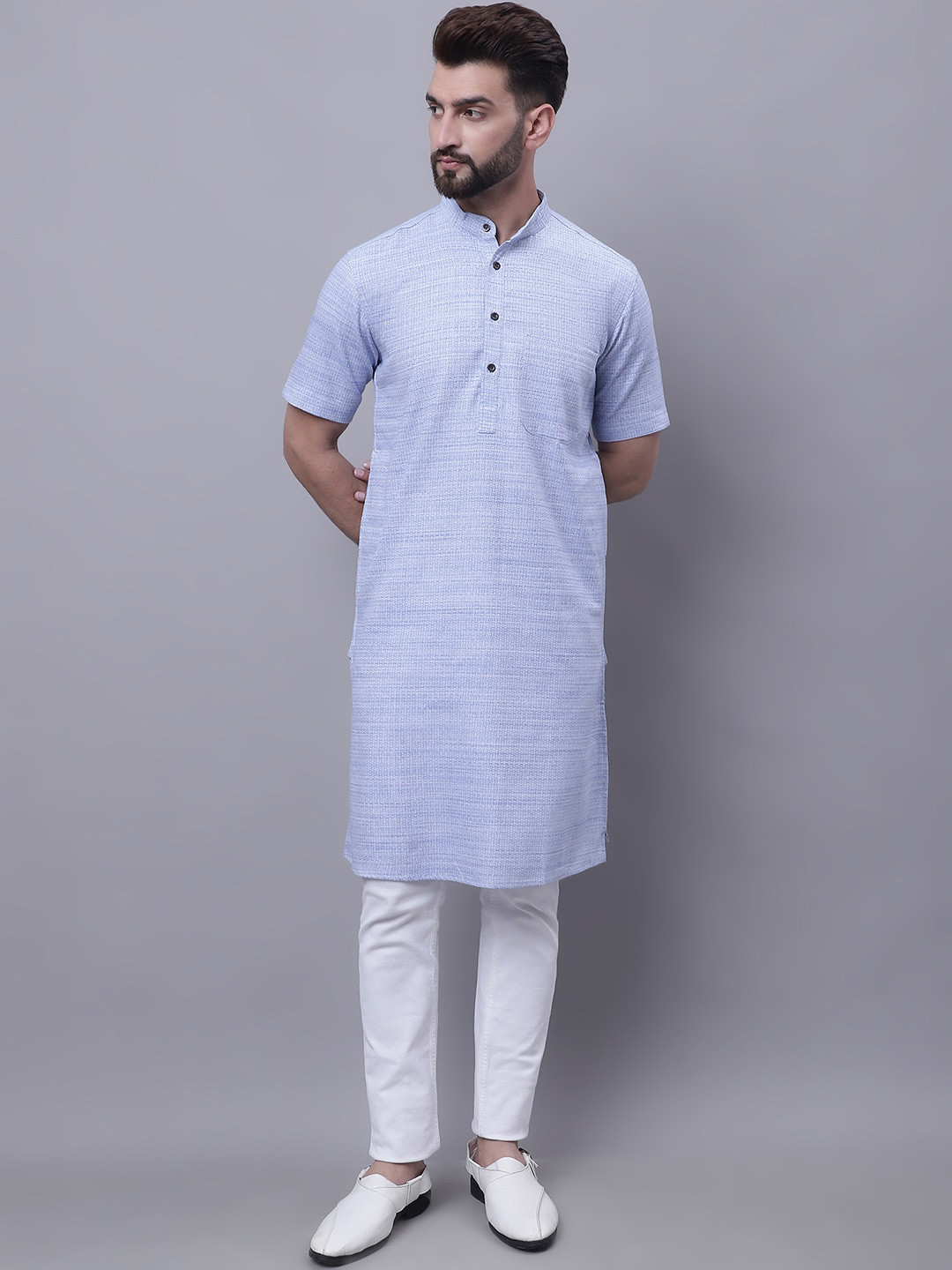 

even Men Pure Cotton Band Collar Kurta, Blue