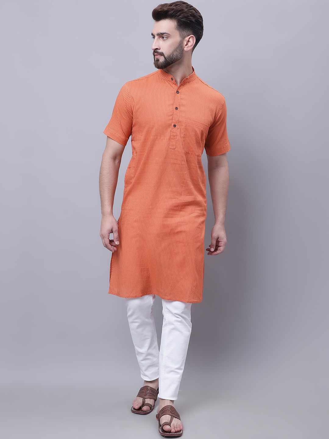 

even Men Striped Pure Cotton Band Collar Kurta, Rust