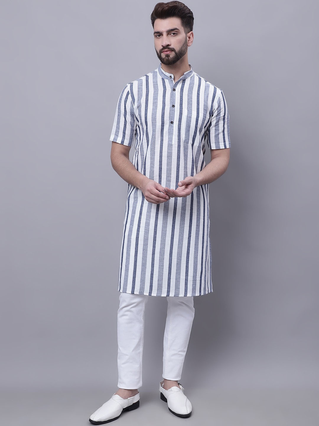 

even Men Striped Pure Cotton Dobby Kurta, Grey