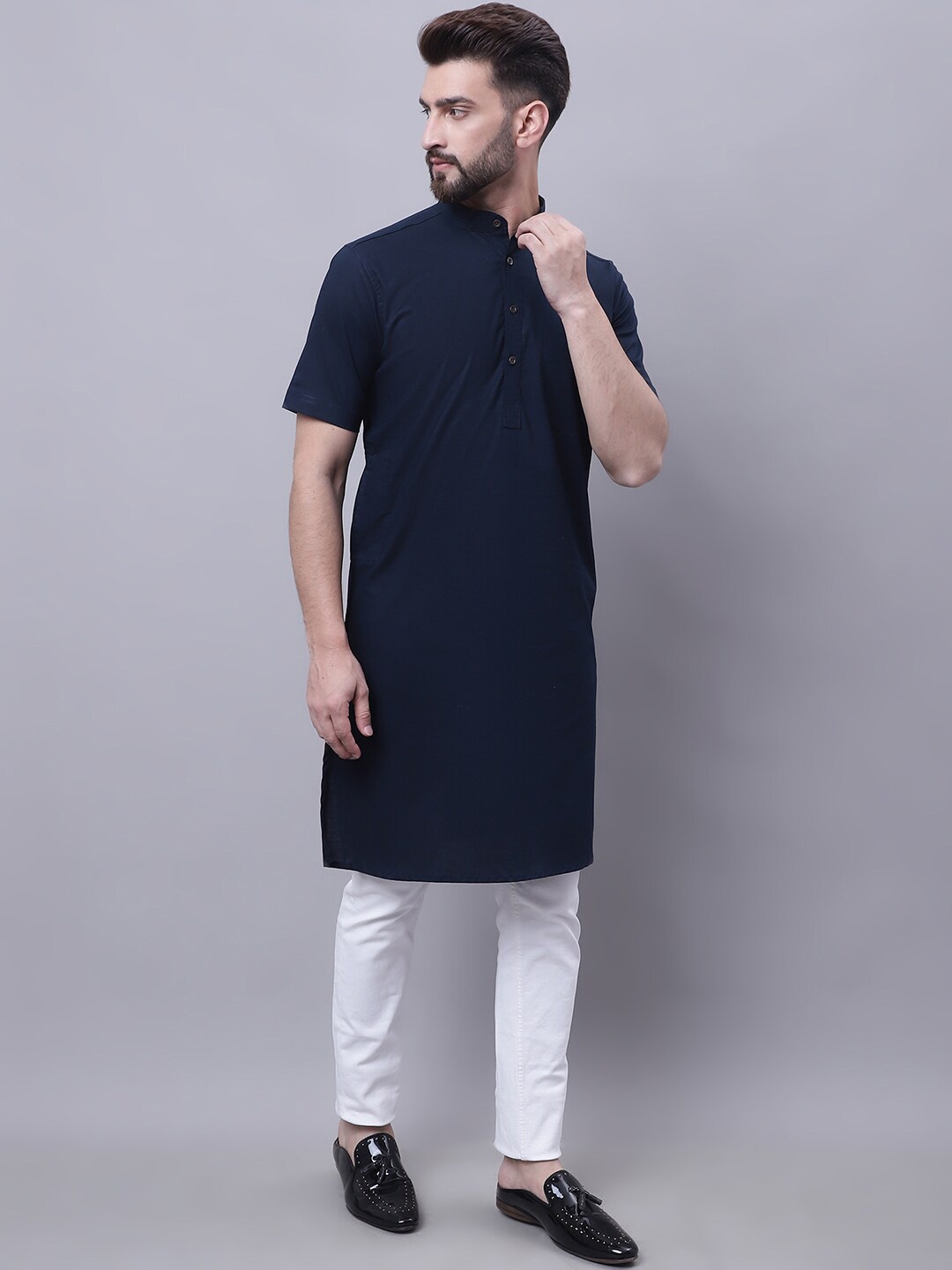 

even Men Pure Cotton Band Collar Dobby Kurta, Blue