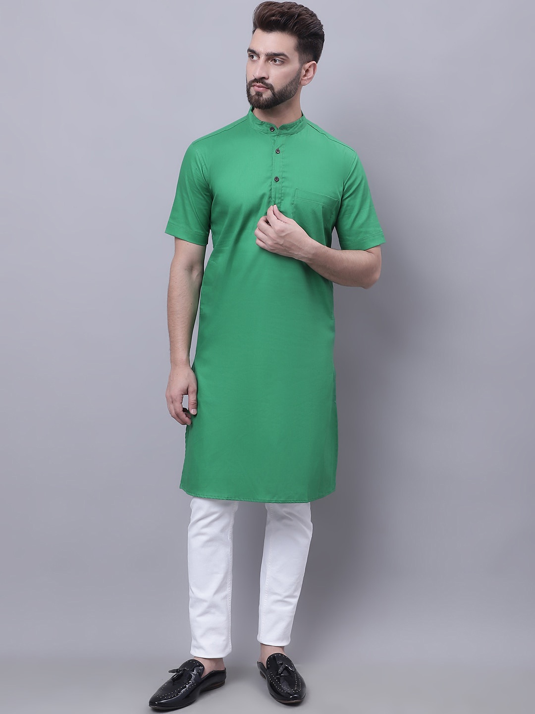 

even Men Pure Cotton Band Collar Kurta, Green