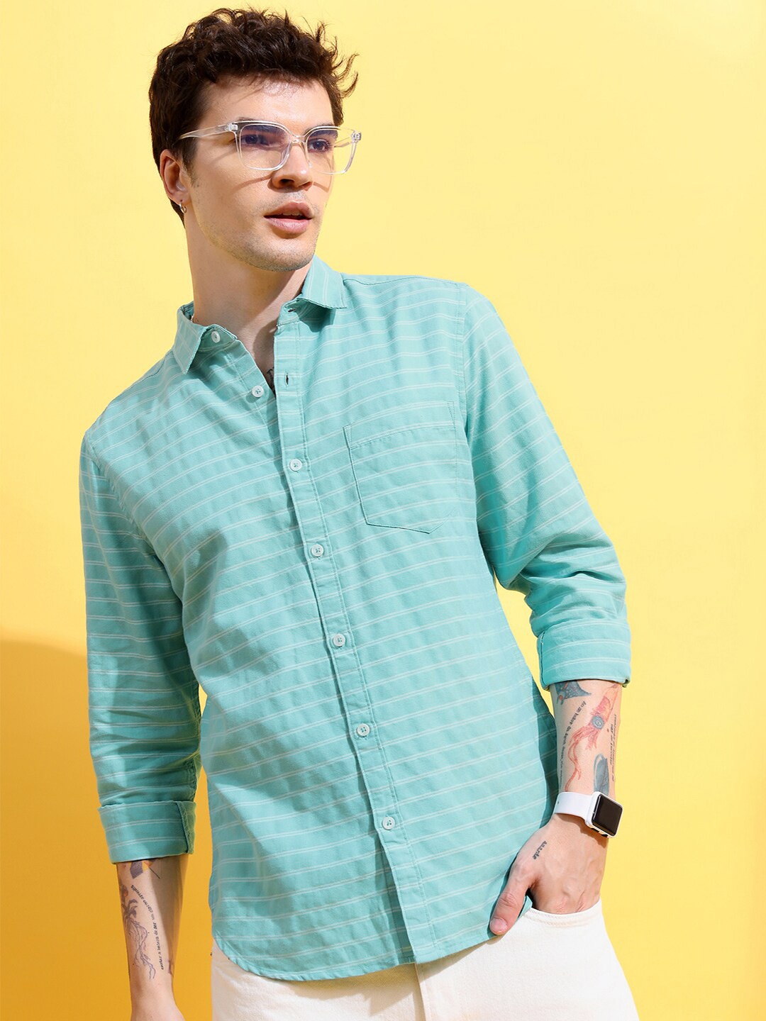 

KETCH Horizontal Striped Slim Fit Casual Shirt, Green
