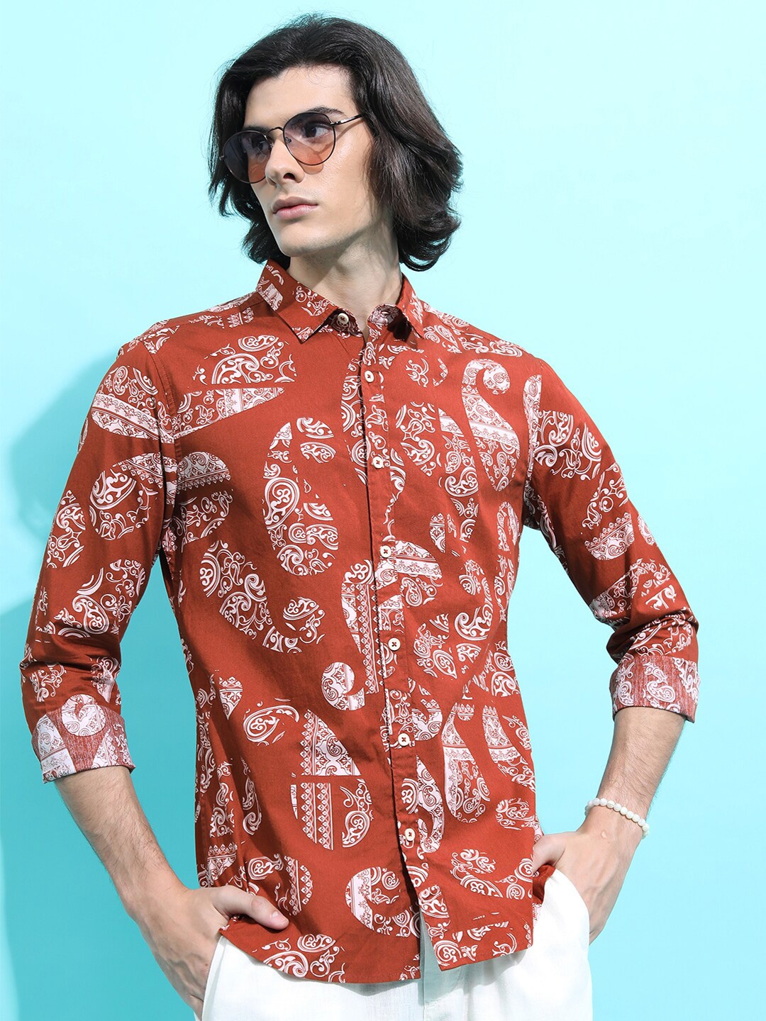

KETCH Slim Fit Ethnic Motifs Printed Cotton Casual Shirt, Rust