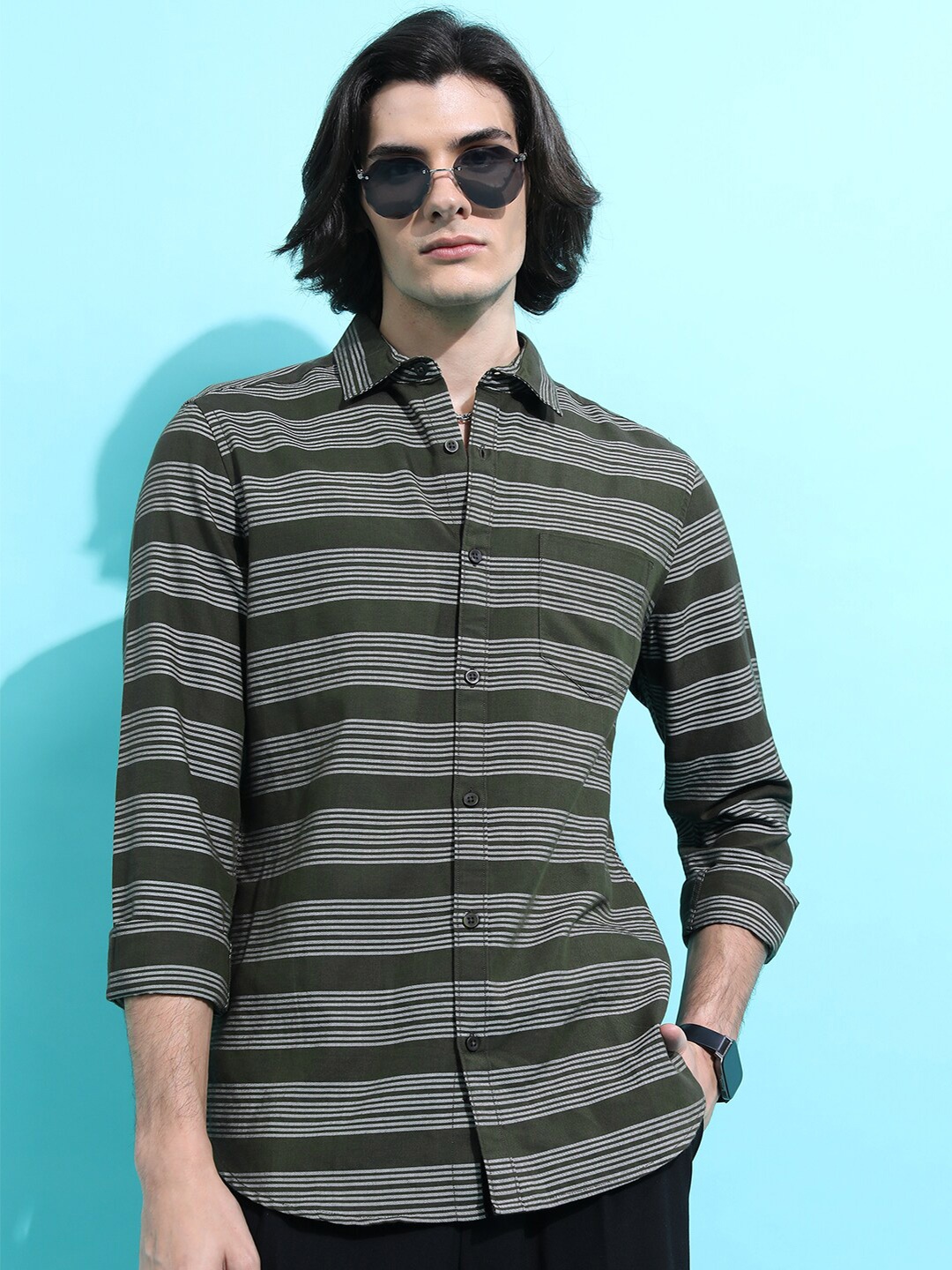 

KETCH Men Slim Fit Horizontal Stripes Casual Shirt, Olive