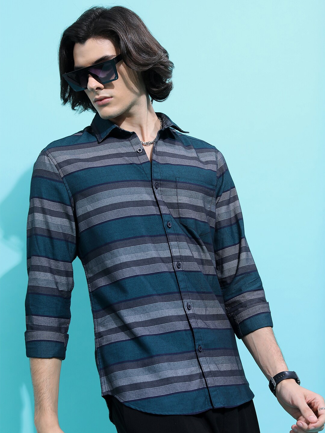 

KETCH Slim Fit Horizontal Striped Casual Shirt, Grey