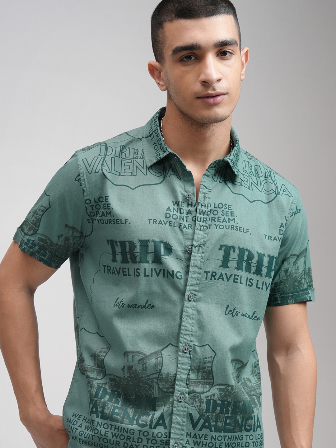 KETCH Typography Printed Slim Fit Cotton Casual Shirt, Green
