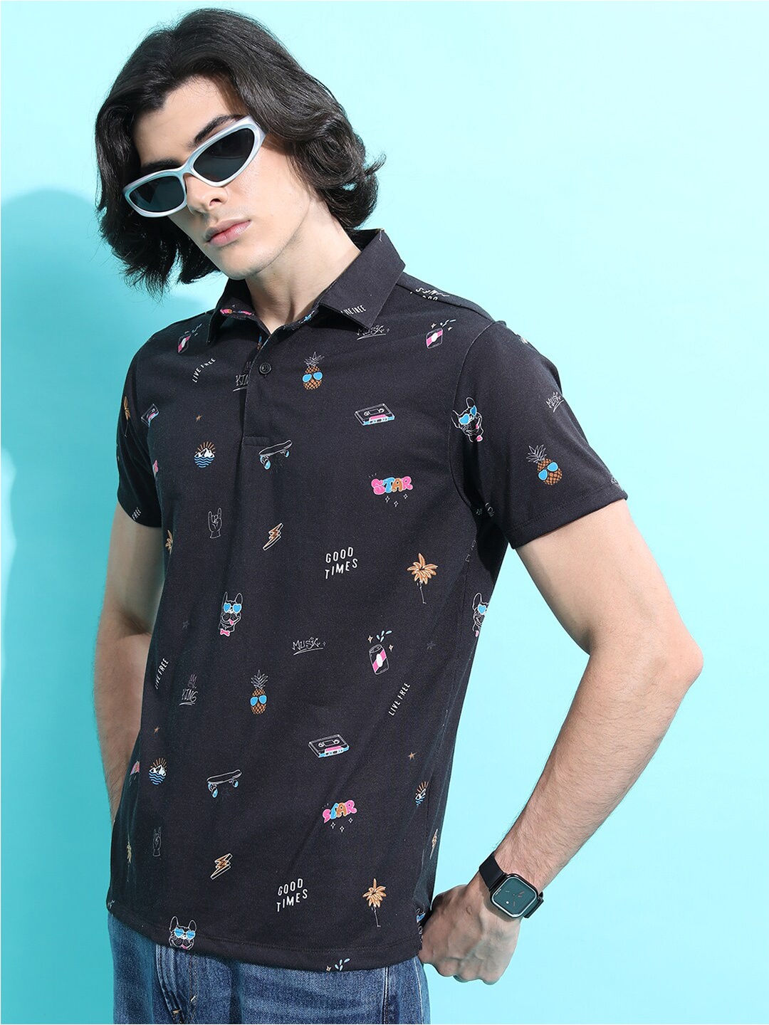 

KETCH Conversational Printed Polo Collar T-shirt, Black