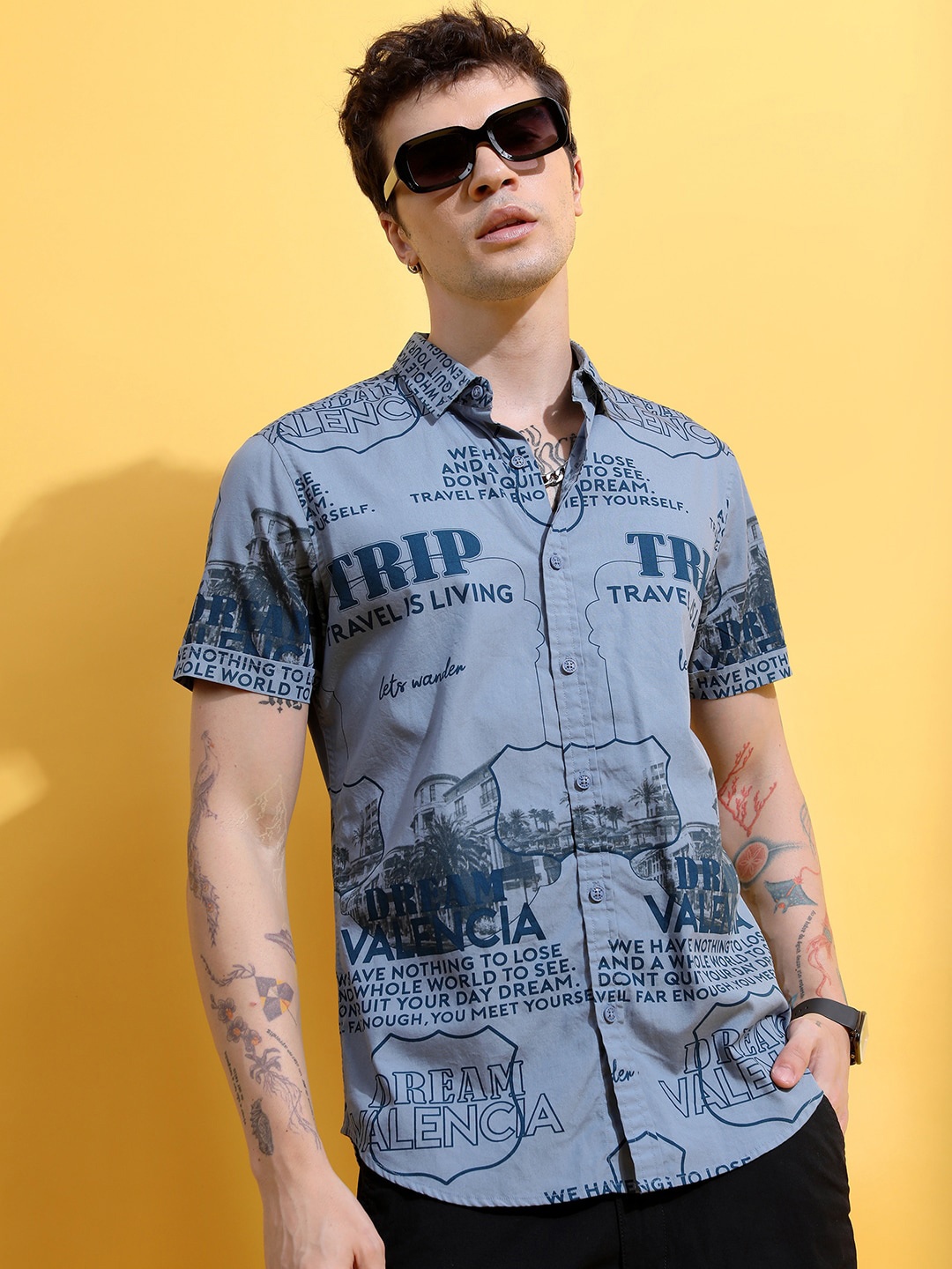 

KETCH Slim Fit Typography Printed Cotton Casual Shirt, Blue