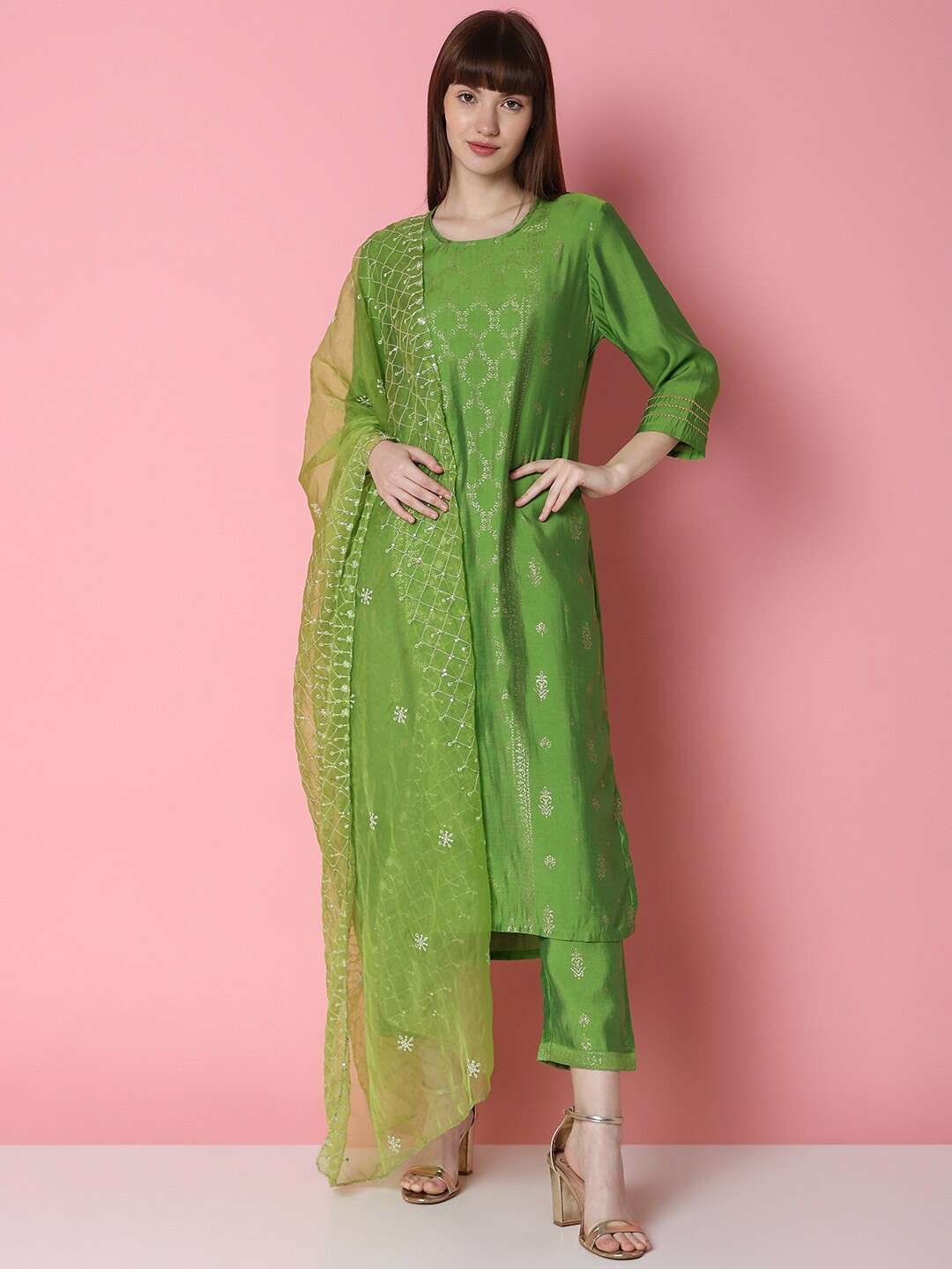 

Indifusion Ethnic Motifs Printed Regular Kurta with Trousers & With Dupatta, Green