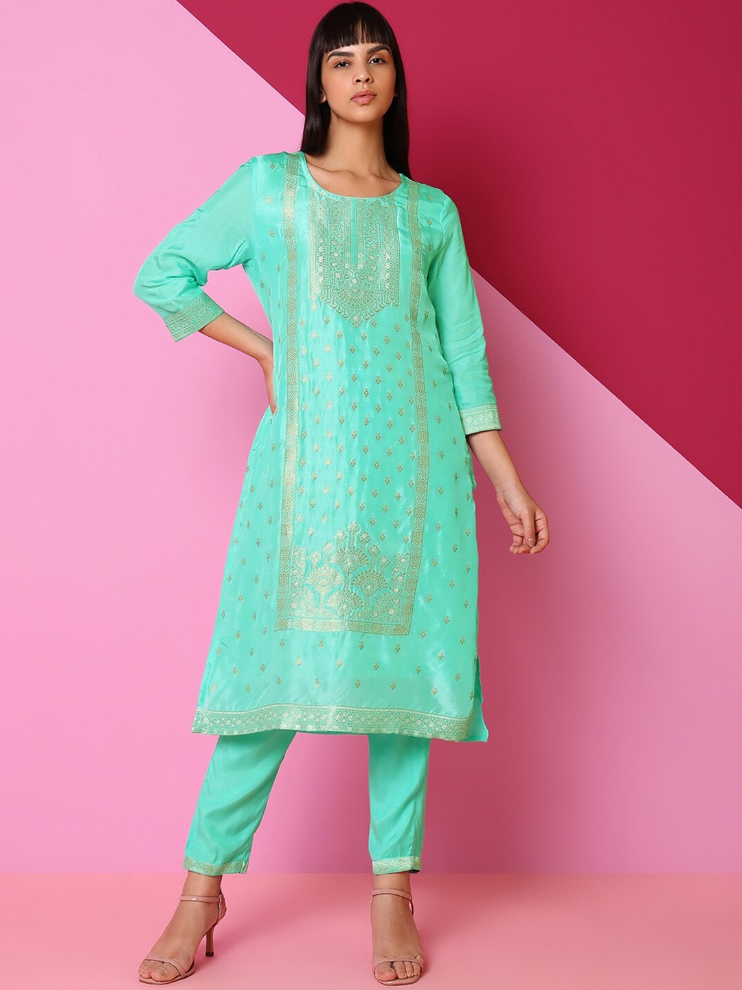 

Indifusion Woven Design Regular Kurta with Trousers & With Dupatta, Turquoise blue