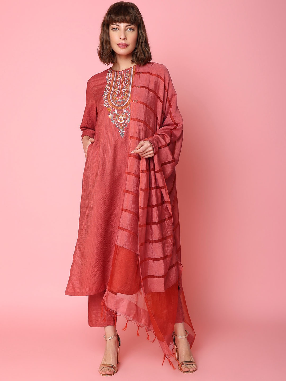 

Indifusion Floral Yoke Design Thread Work Kurta with Trousers & With Dupatta, Rust