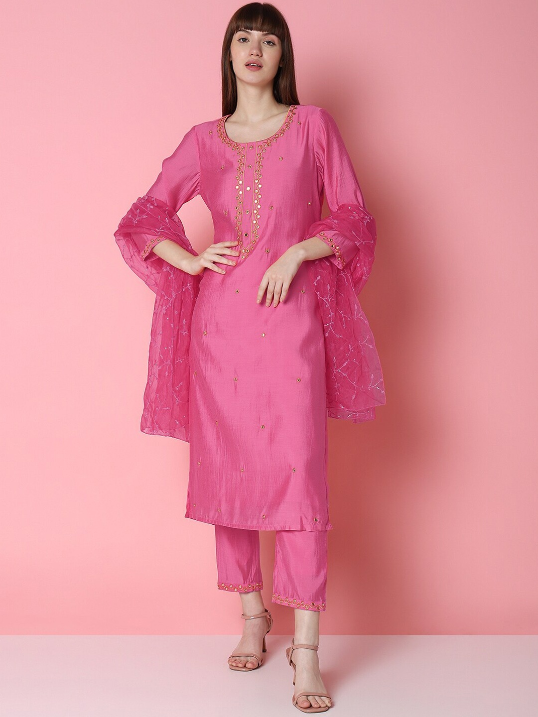 

Indifusion Mirror Work Regular Kurta with Trousers & With Dupatta, Pink