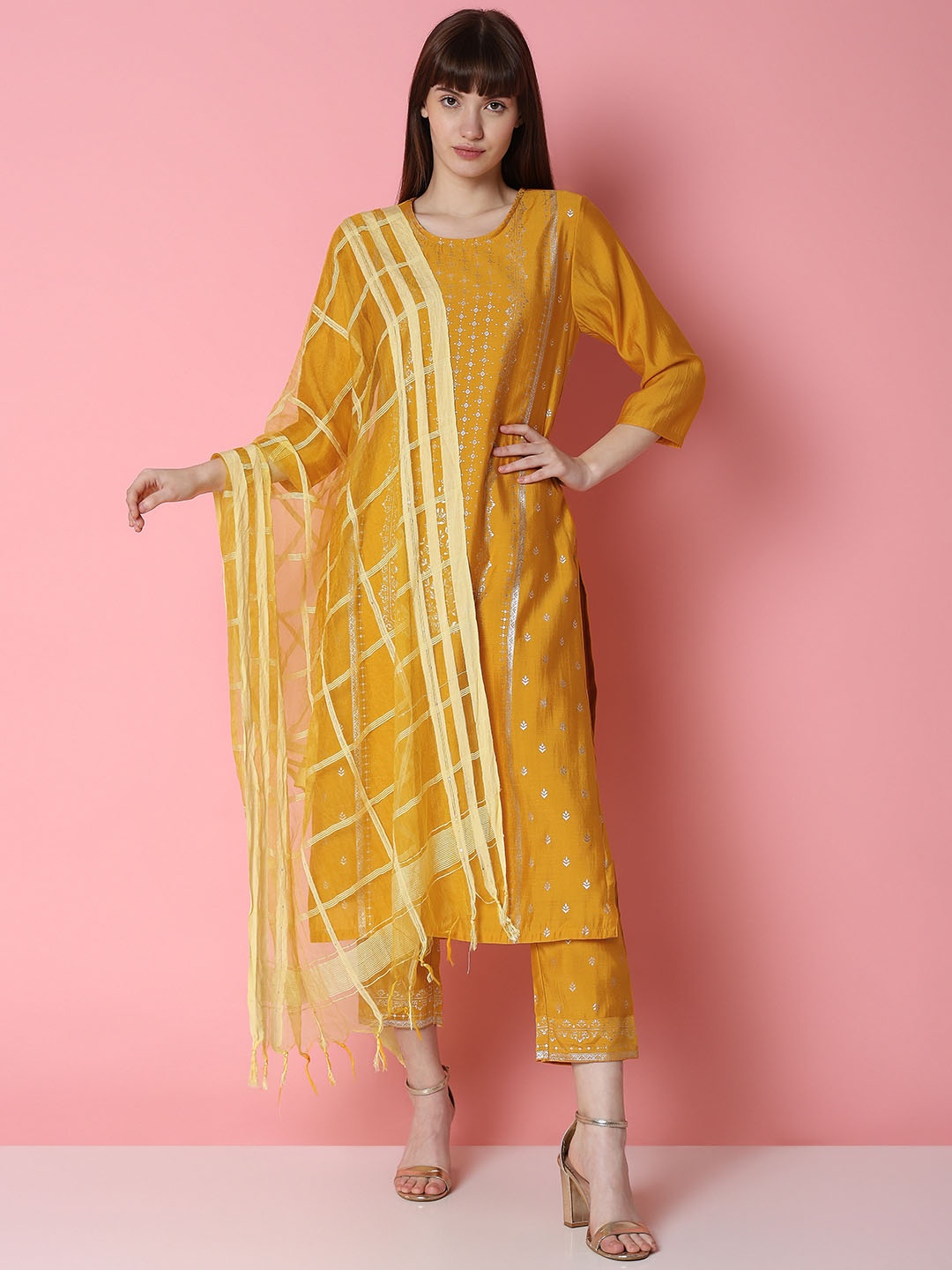 

Indifusion Woven Design Regular Kurta with Trousers & With Dupatta, Yellow