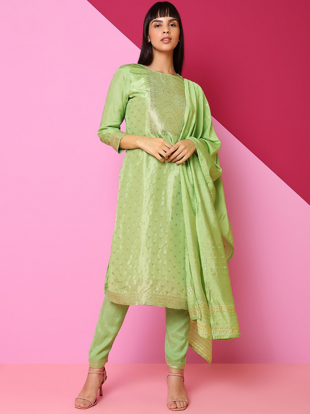

Indifusion Ethnic Motifs Woven Design Zari Kurta & Trousers With Dupatta, Sea green