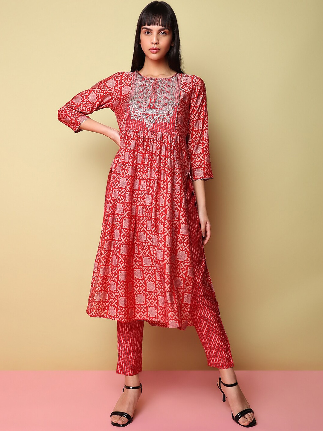 

Indifusion Ethnic Motifs Printed A-Line Kurta & Trousers With Dupatta, Red