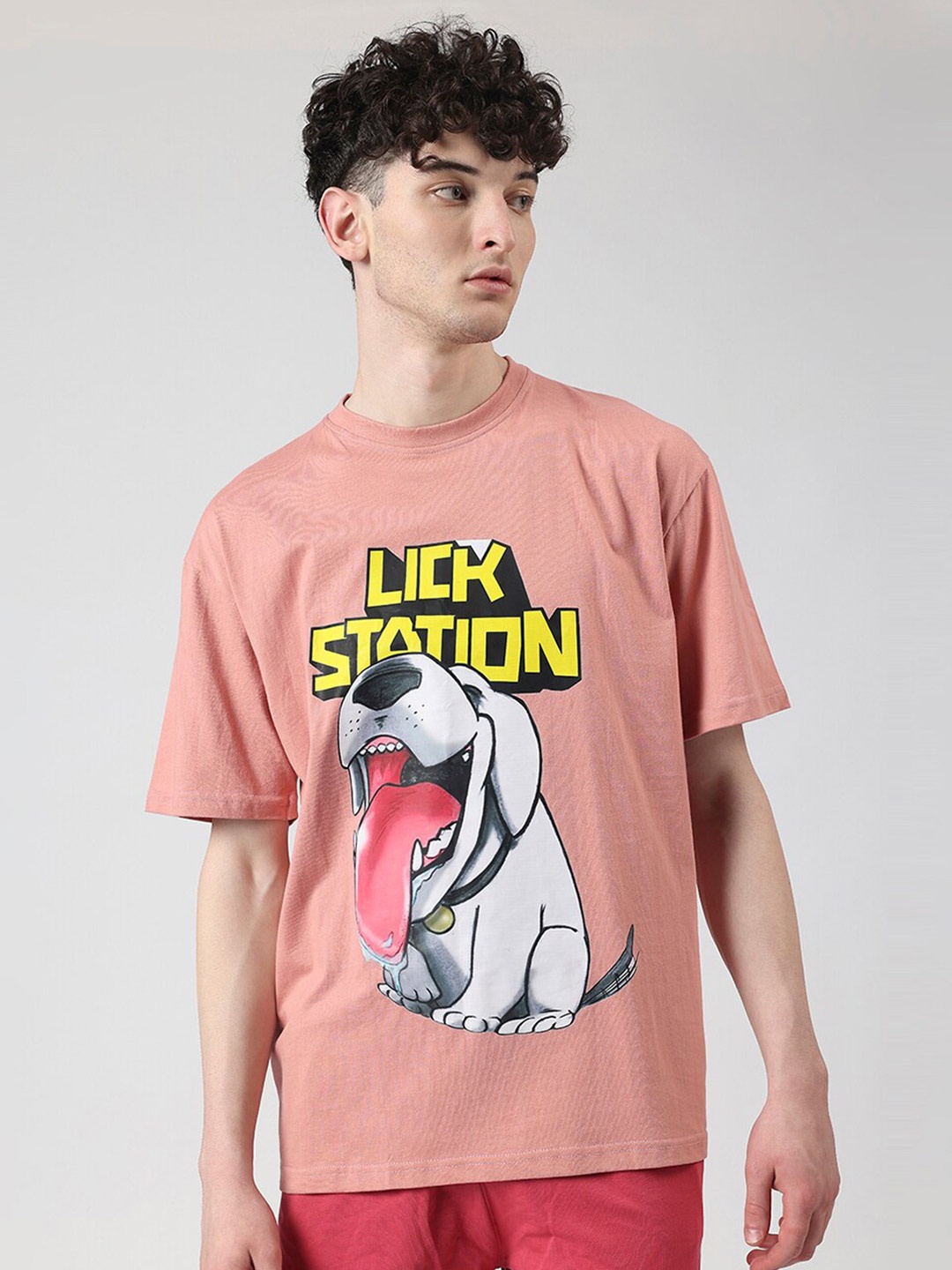 

Manaca Men Lick Station Graphic Printed Oversized Pure Cotton T-Shirt, Peach