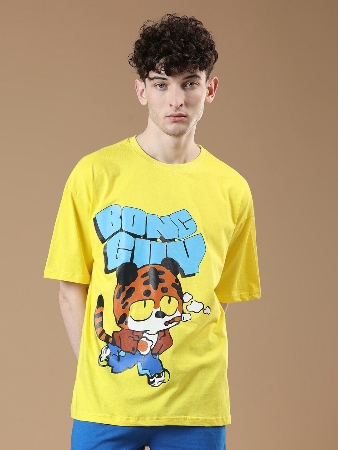 

Manaca Men Lick Station Graphic Printed Oversized Pure Cotton T-Shirt, Yellow