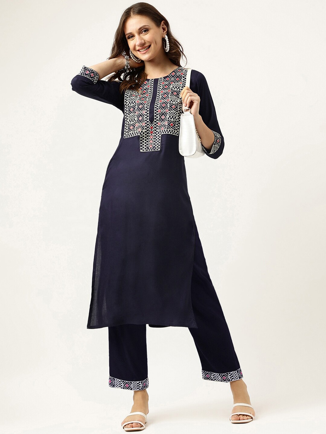 

Ashlee Ethnic Motifs Yoke Design Thread & Mirror Work Kurta with Trousers, Navy blue