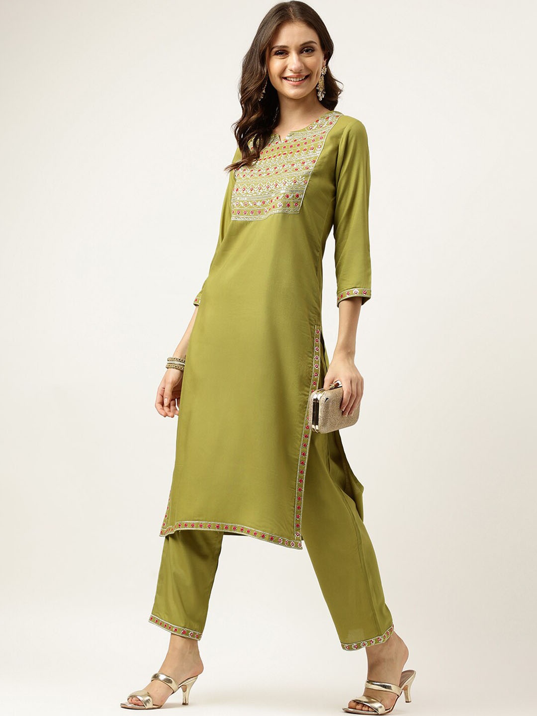 

Ashlee Ethnic Motifs Embroidered Mirror Work Kurta with Trousers, Green