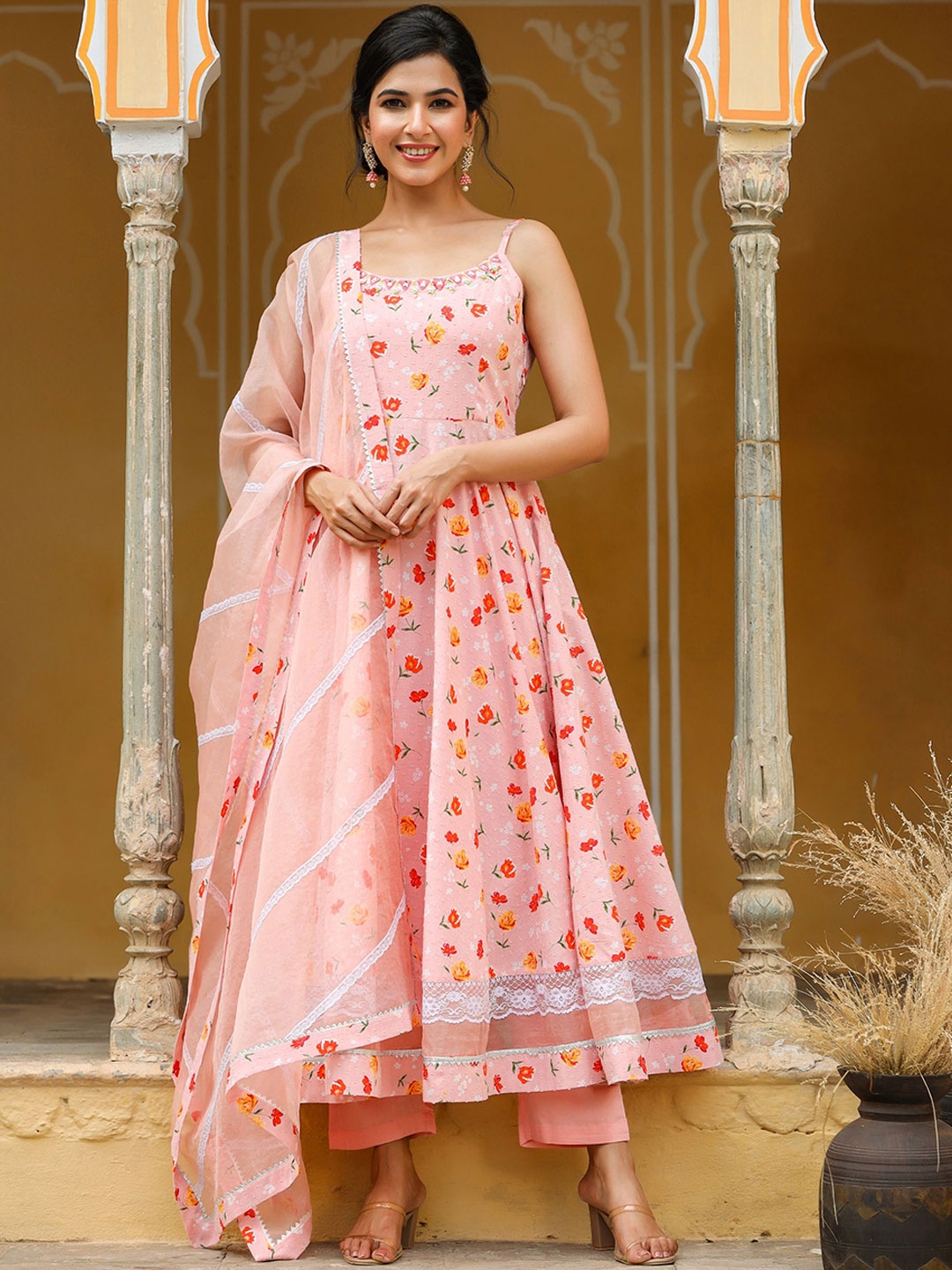 

GILLORI Floral Printed Work Pure Cotton Kurta with Trousers & Dupatta, Peach