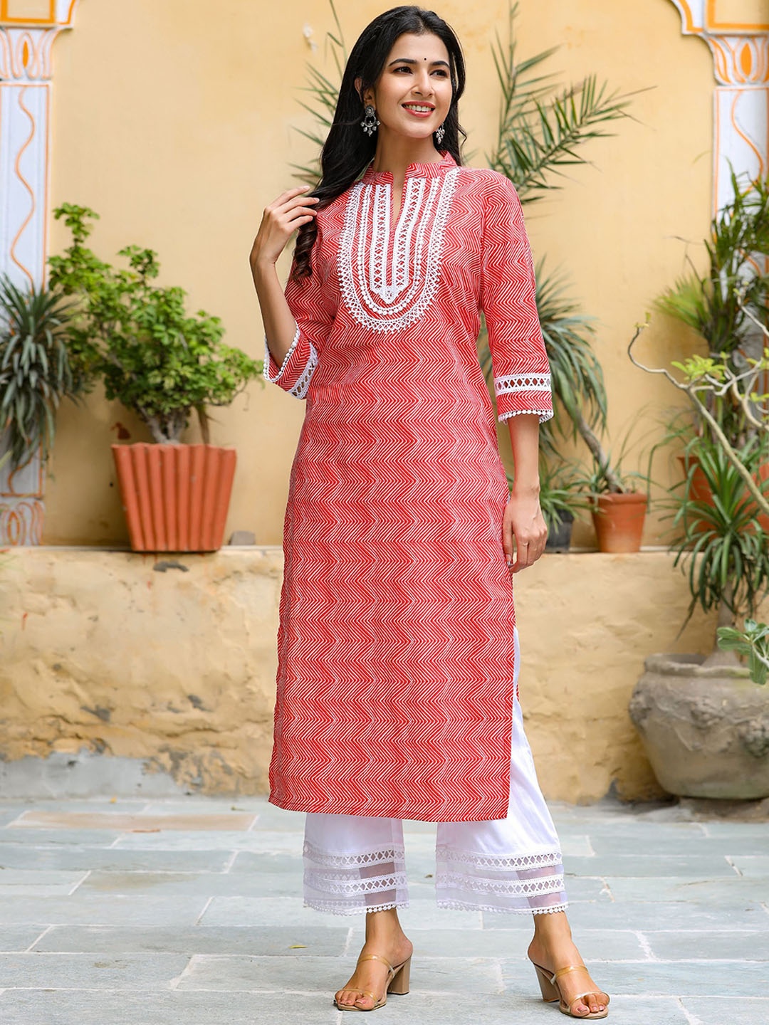 

GILLORI Printed Regular Pure Cotton Kurta with Palazzos, Red