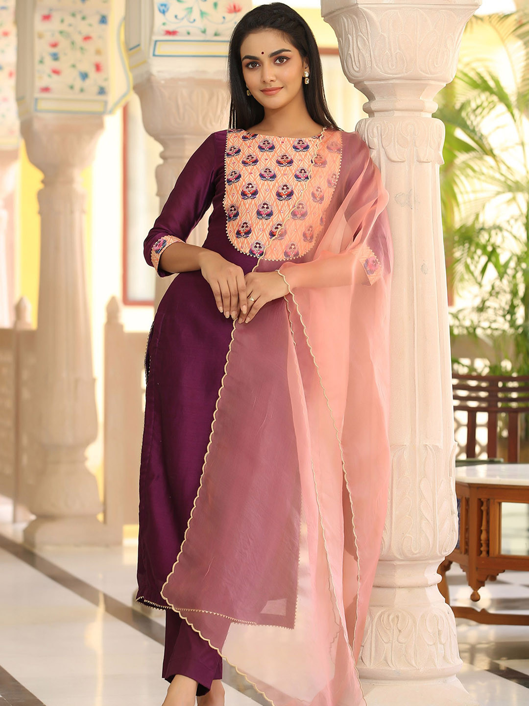 

GILLORI Ethnic Motifs Yoke Design Sequinned Chanderi Silk Kurta with Trousers & Dupatta, Purple