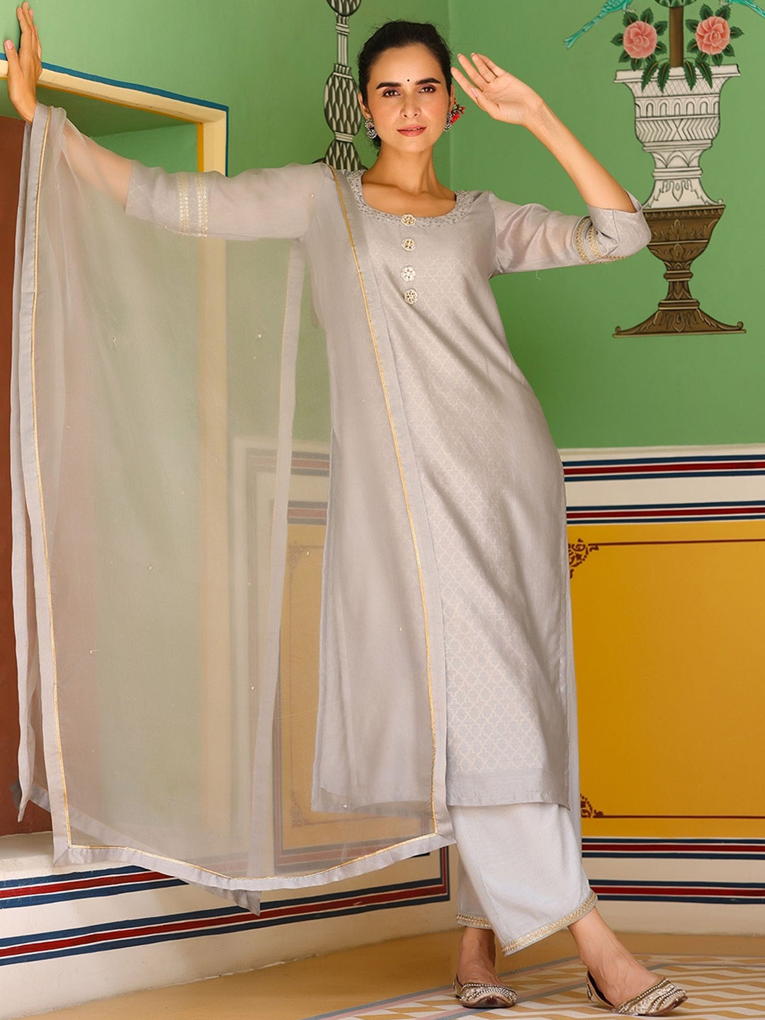 

GILLORI Embroidered Sequinned Chanderi Silk Kurta with Palazzos & With Dupatta, Grey