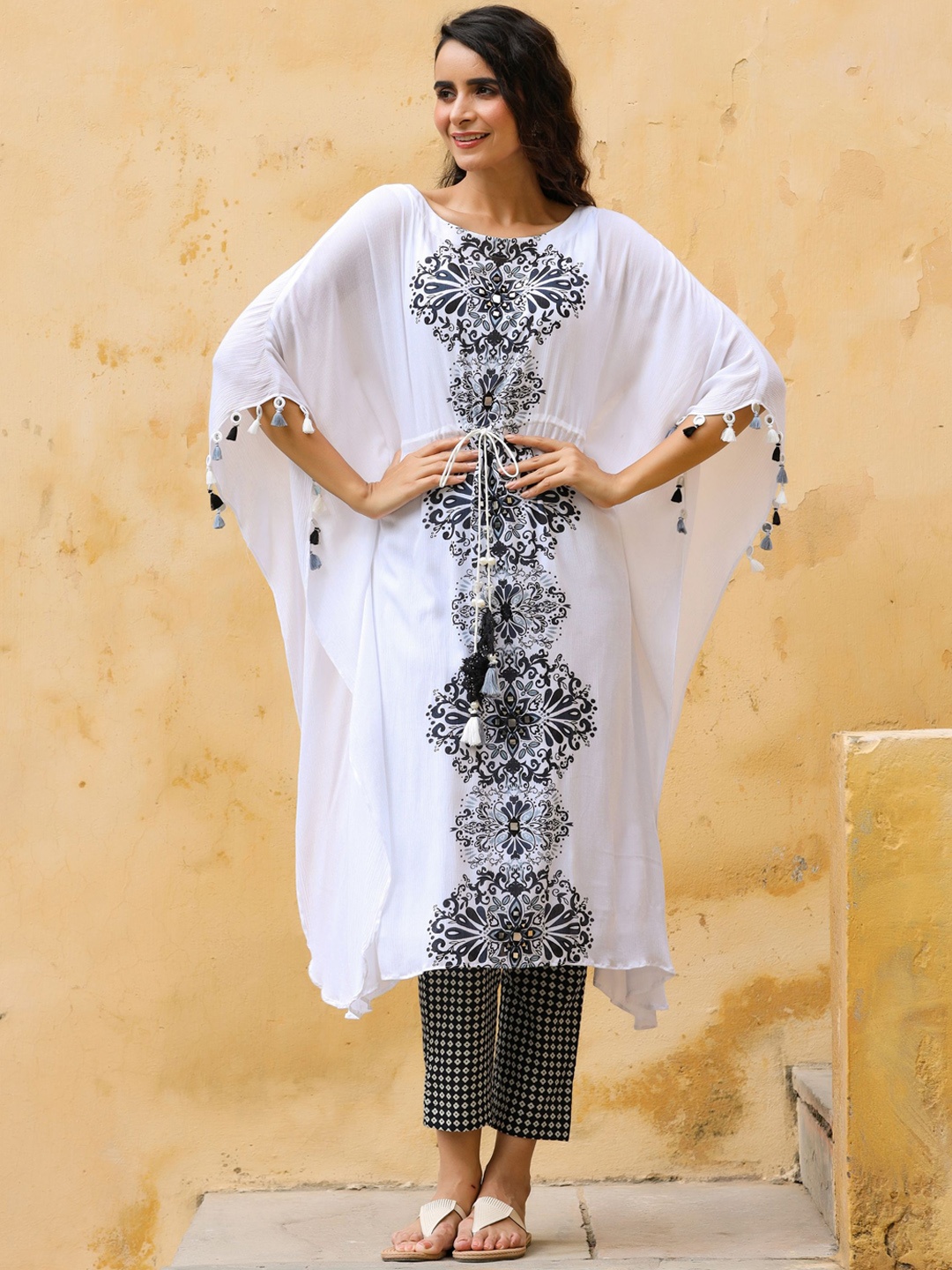 

GILLORI Ethnic Motifs Printed Mirror Work Kaftan Kurta with Trousers, White