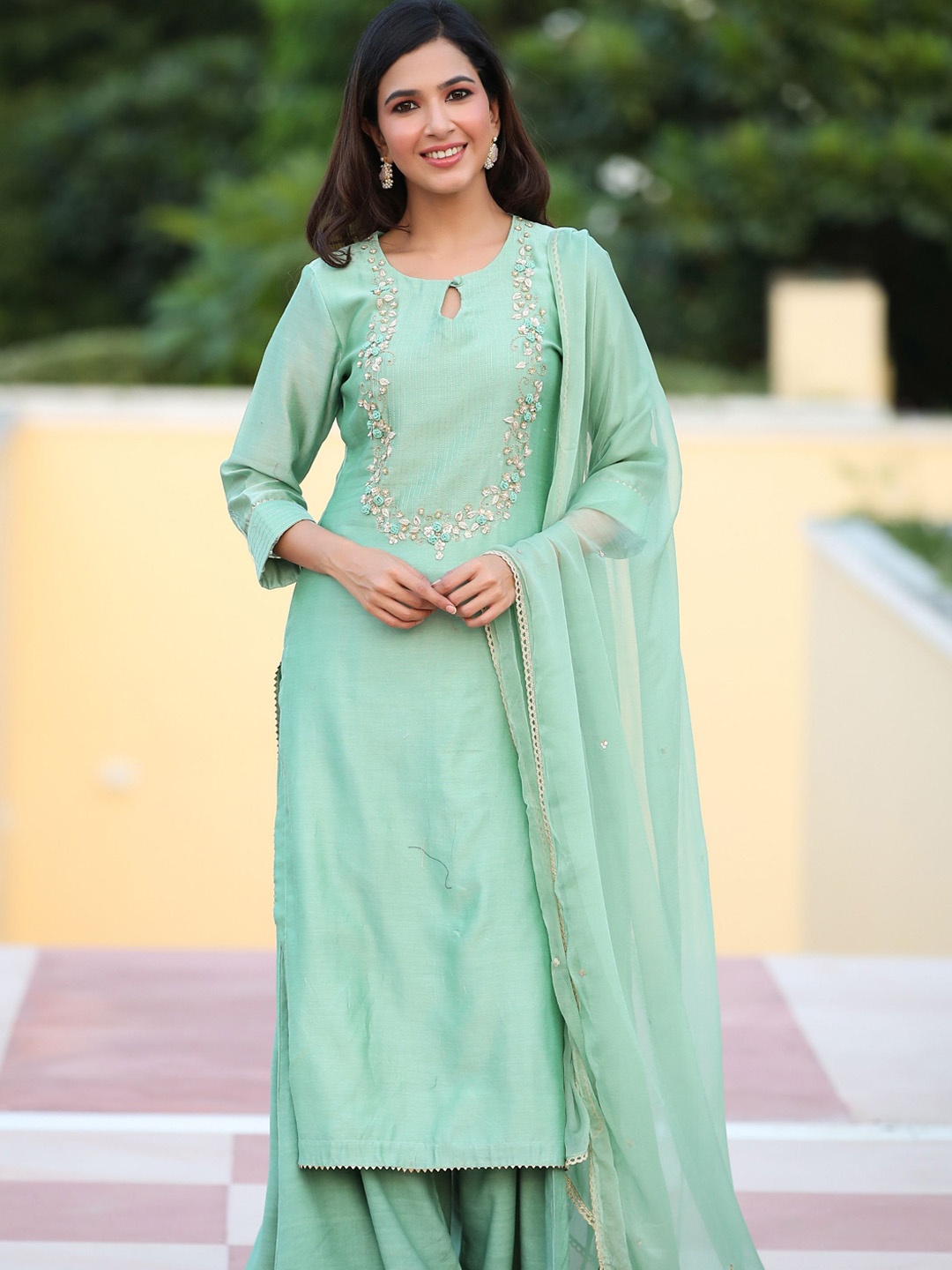 

GILLORI Embroidered Zardozi Chanderi Silk Kurta with Palazzos & Dupatta, Green