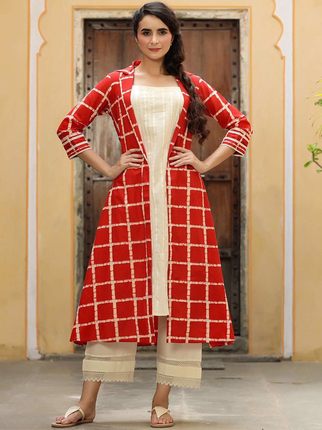 

GILLORI Regular Pure Cotton Kurta with Palazzos & Jacket, Cream