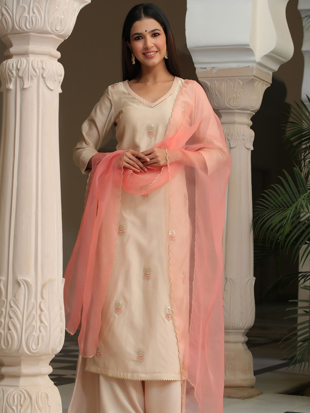 

GILLORI Ethnic Motifs Embroidered Gotta Patti Chanderi Silk Kurta with Palazzos & Dupatta, Beige