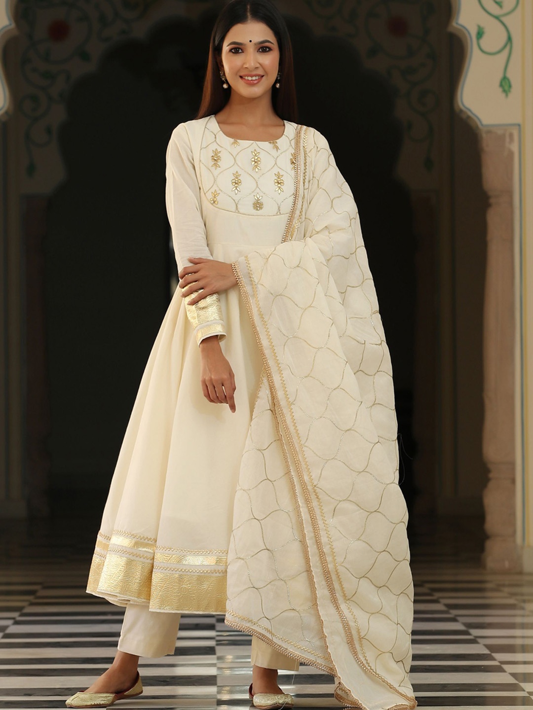 

GILLORI Yoke Design Panelled Gotta Patti Pure Cotton Kurta with Trousers & Dupatta, Off white