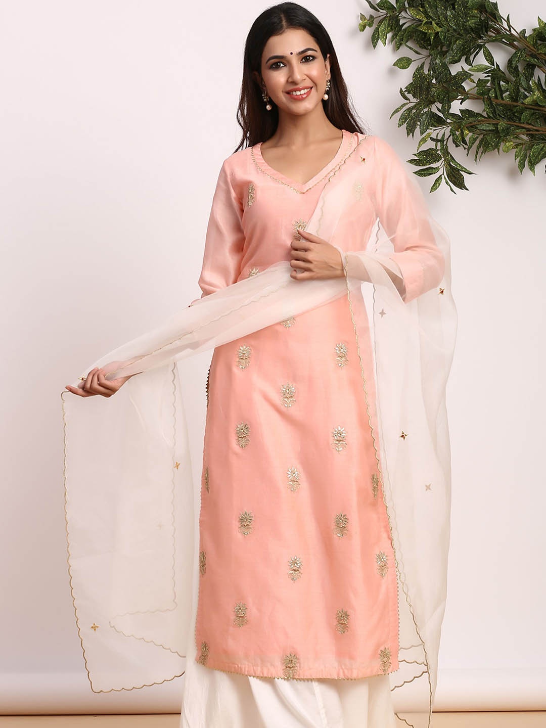 

GILLORI Ethnic Motifs Embroidered Gotta Patti Chanderi Silk Kurta with Palazzos, Peach