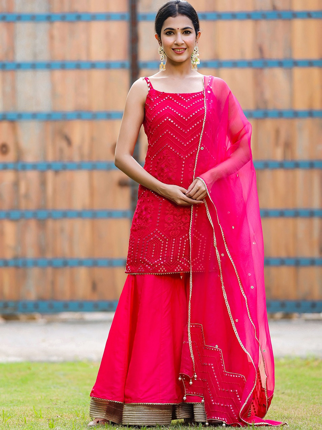 

GILLORI Floral Embroidered Mirror Work Kurti with Sharara & Dupatta, Magenta
