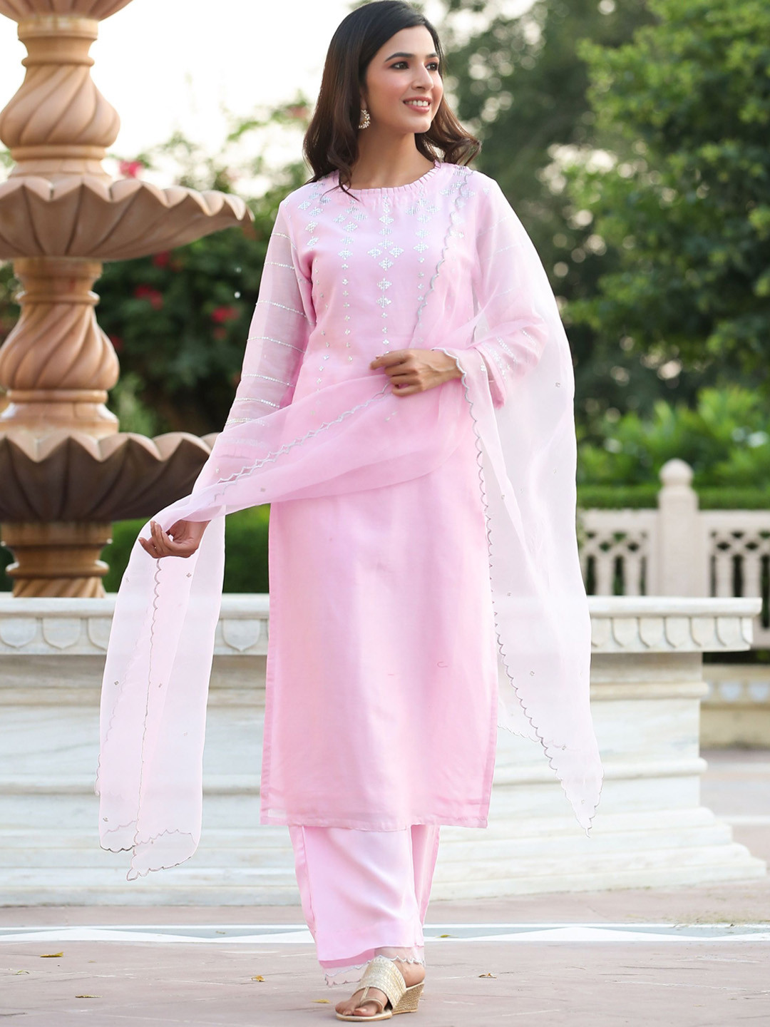 

GILLORI Ethnic Motifs Yoke Design Sequinned Chanderi Silk Kurta with Palazzos & Dupatta, Pink