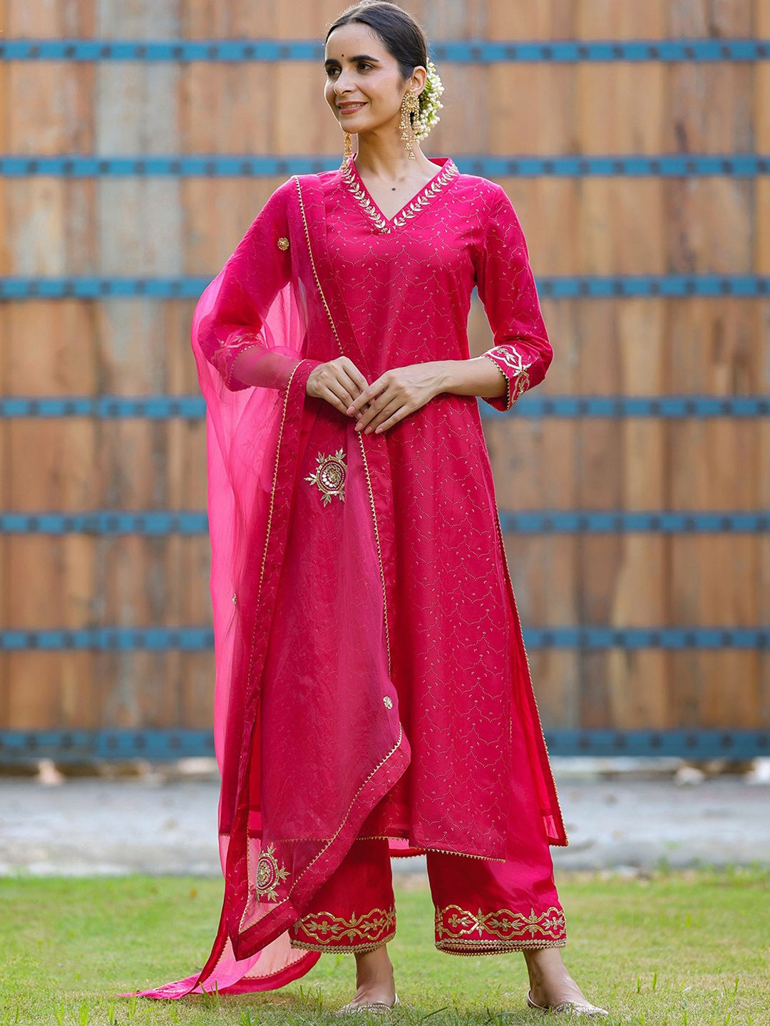 

GILLORI Ethnic Motifs Printed Gotta Patti Chanderi Silk Kurta with Palazzos & Dupatta, Magenta