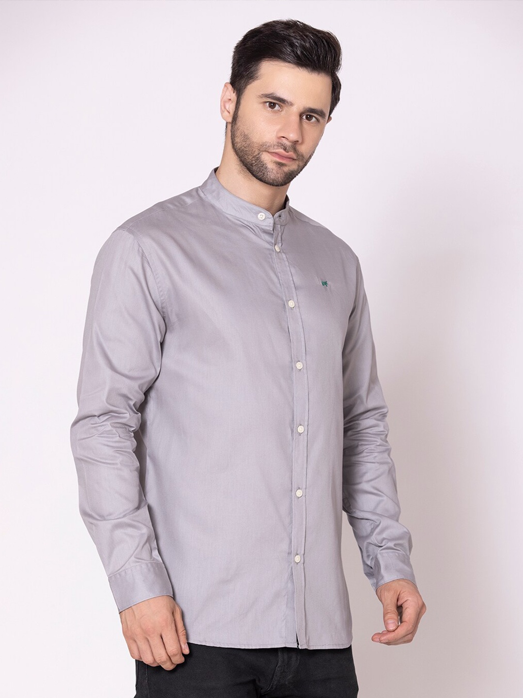 

BRACLO Band Collar Twill Cotton Casual Shirt, Grey