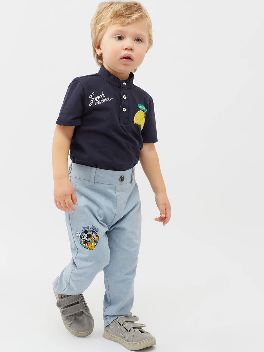 

One Friday Boys Mickey Mouse Graphic Embroidered Relaxed Mid Rise Chinos Trousers, Blue