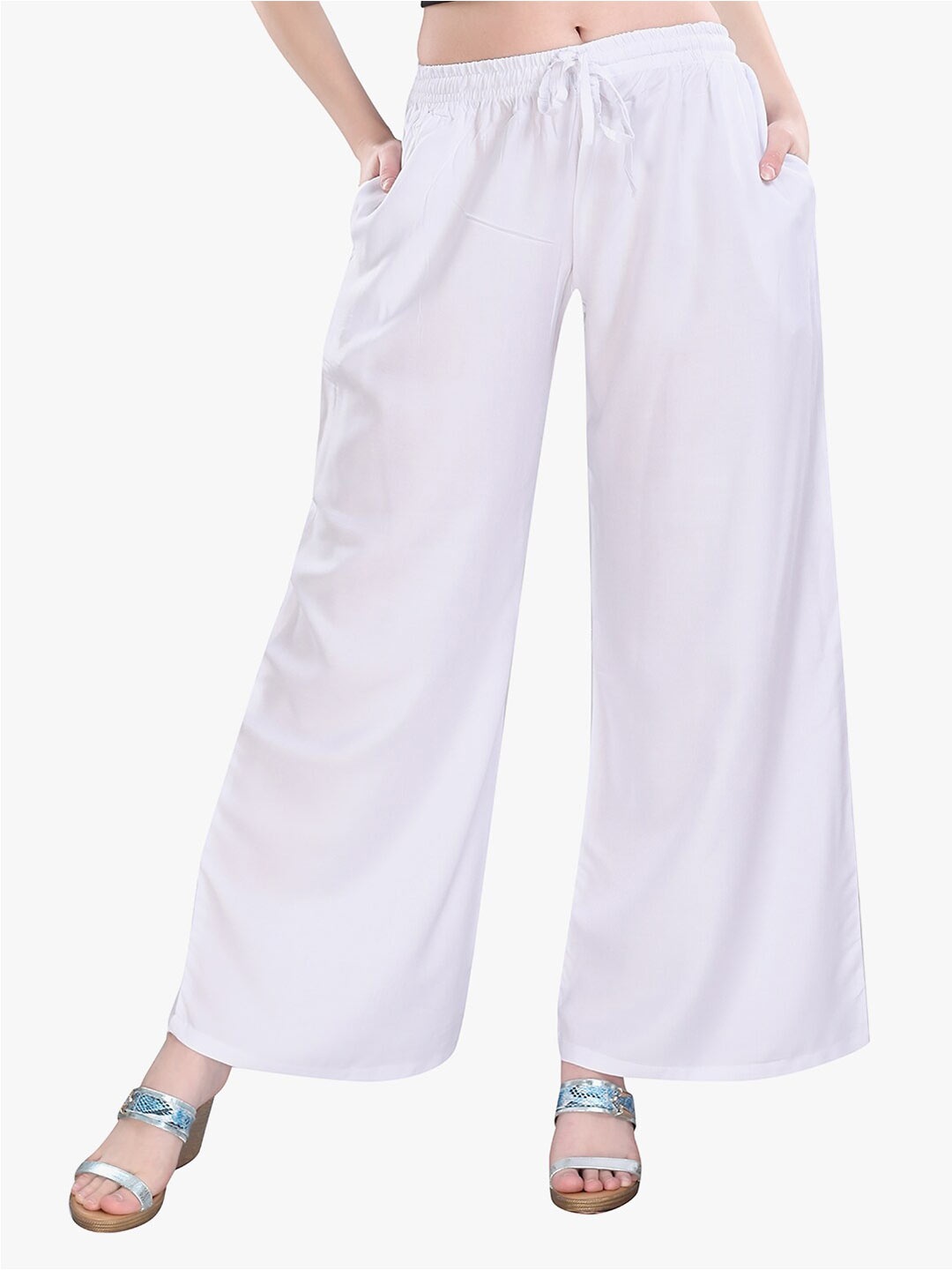 

TRASA Women Flared Cotton Palazzos, White