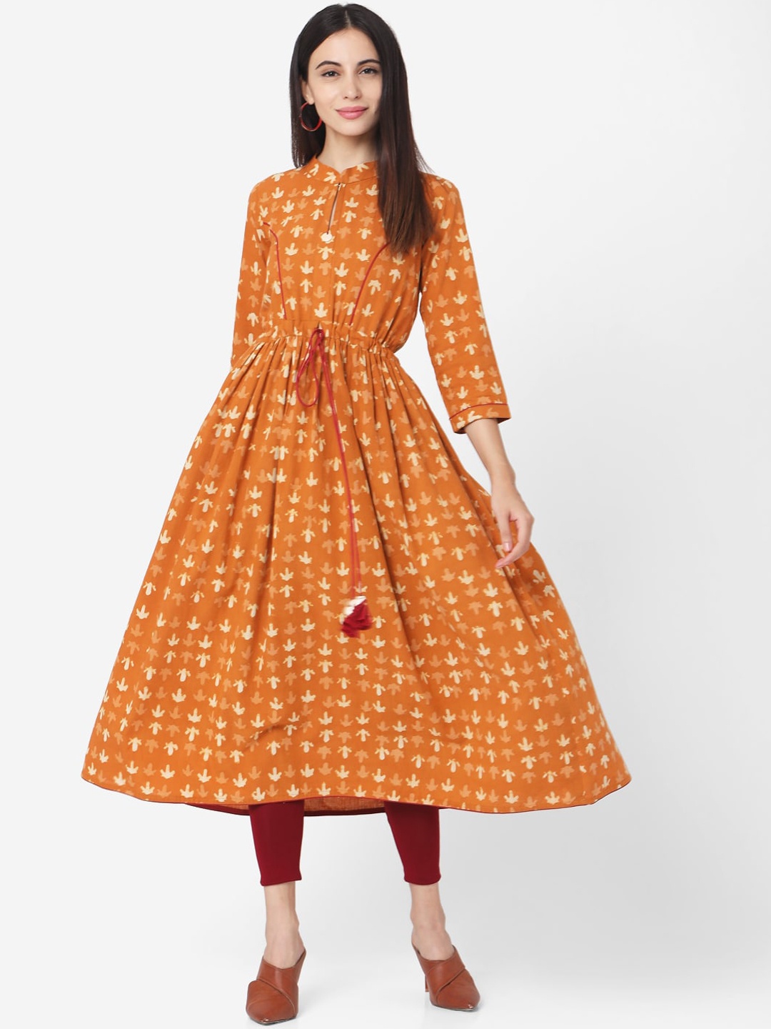 

Saanjh Mustrad Abstract Printed Band Collar Pure Cotton Anarkali Kurta, Mustard