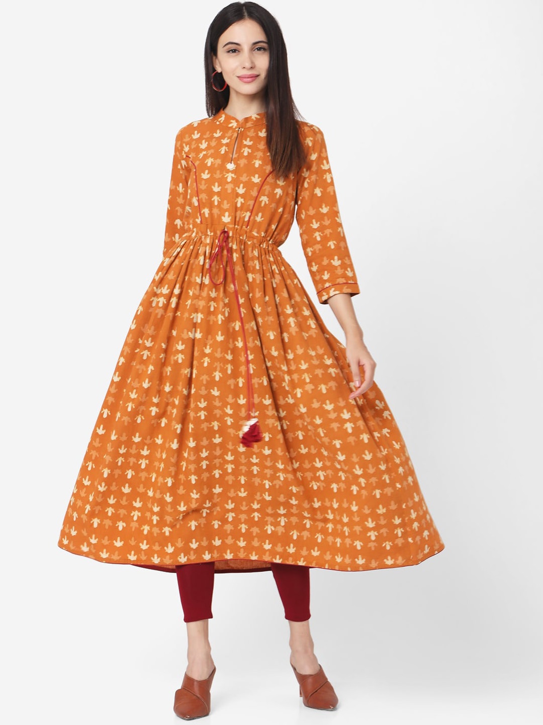 

KALINI Ethnic Motifs Printed Mirror Work Anarkali Kurta, Mustard