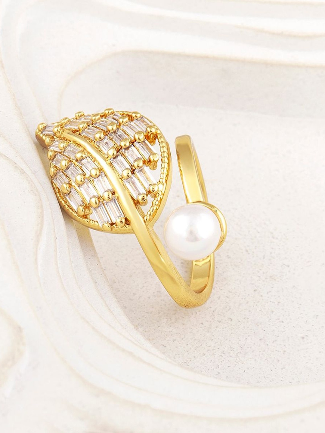 

ZIVOM 18KT Gold-Plated CZ-Studded & Artificial-Beaded Ring