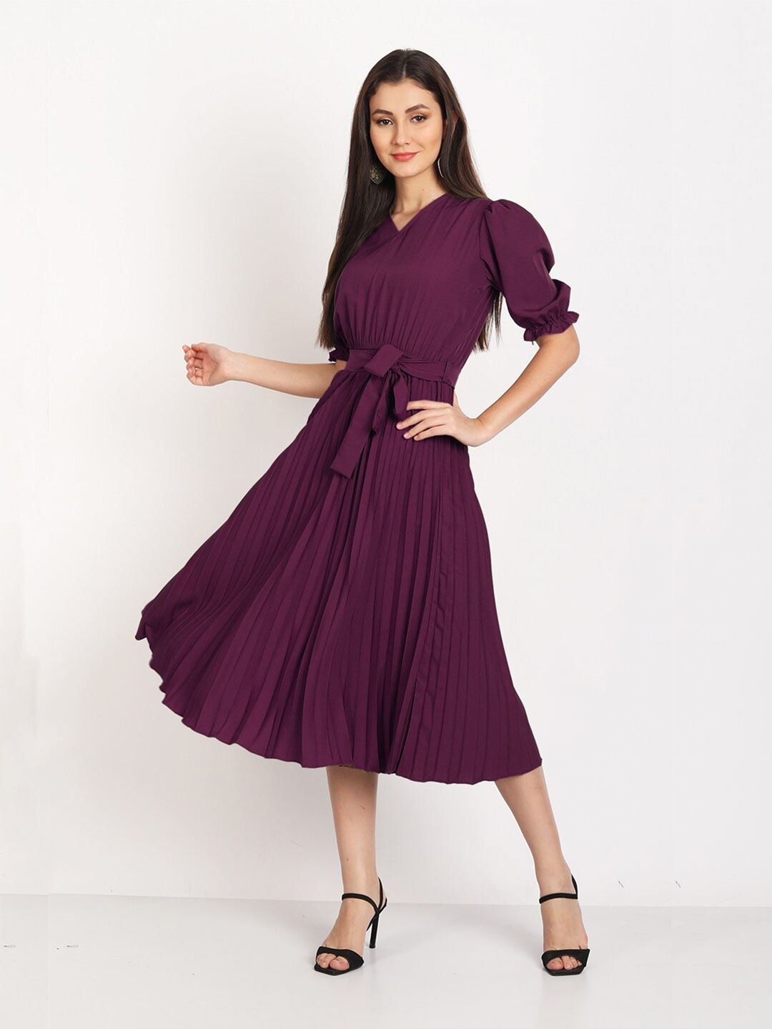 

DEKLOOK Solid Accordion Pleated Puff Sleeves Fit & Flare Midi Dress, Purple