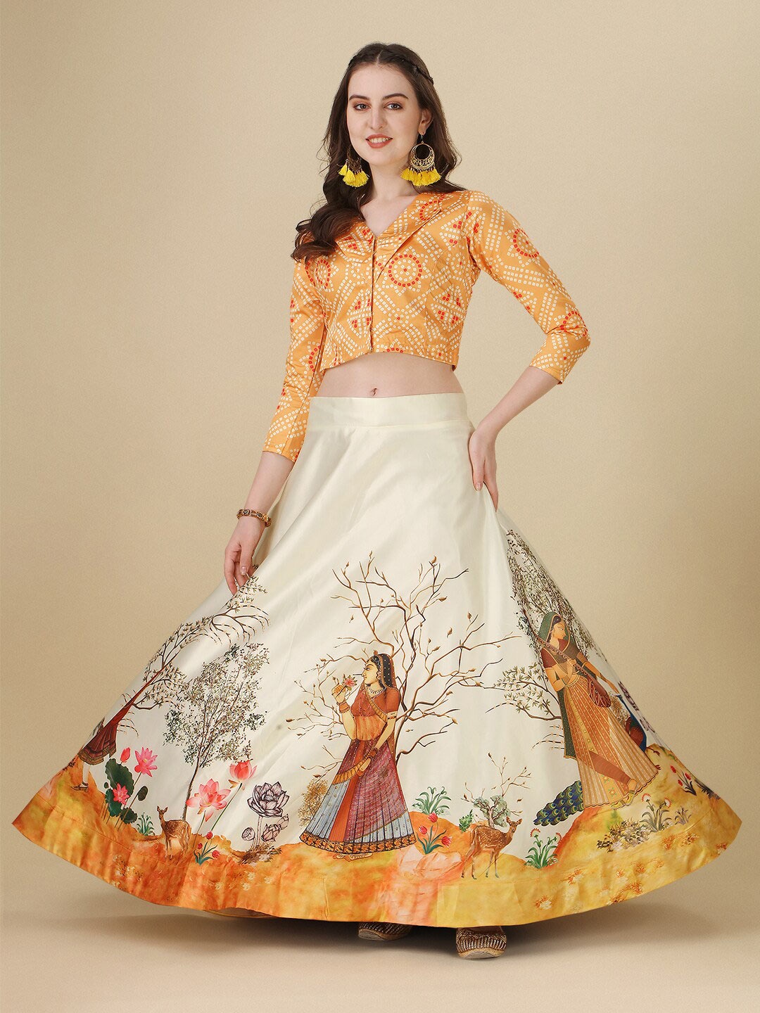 

Kaizen TEXO FAB Bandhani Printed Semi-Stitched Lehenga & Blouse With Dupatta, Yellow