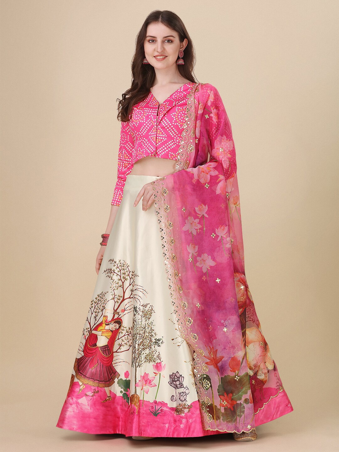 

Kaizen TEXO FAB Bandhani Printed Semi-Stitched Lehenga & Blouse With Dupatta, Pink