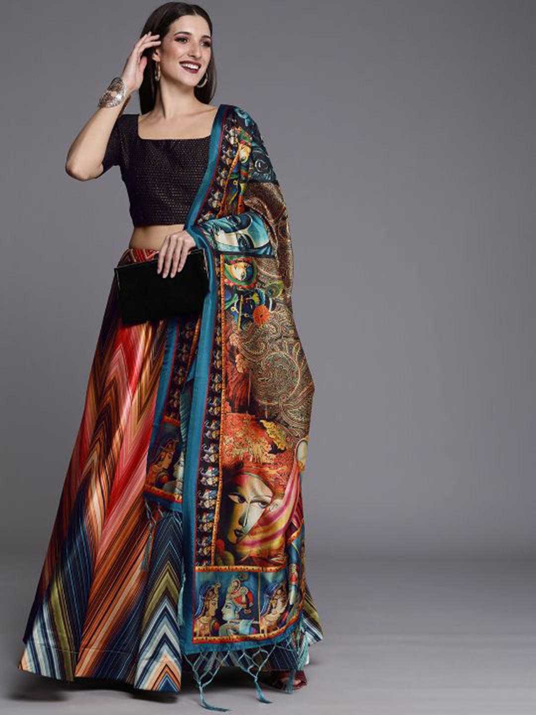 

Kaizen TEXO FAB Printed Semi-Stitched Lehenga & Blouse With Dupatta, Black