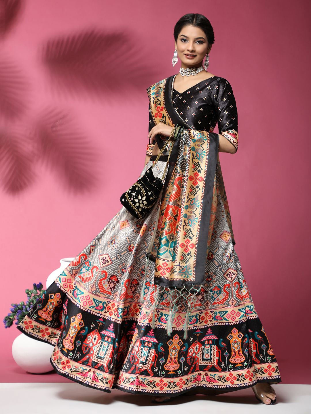 

Kaizen TEXO FAB Printed Semi-Stitched Lehenga & Blouse With Dupatta, Black