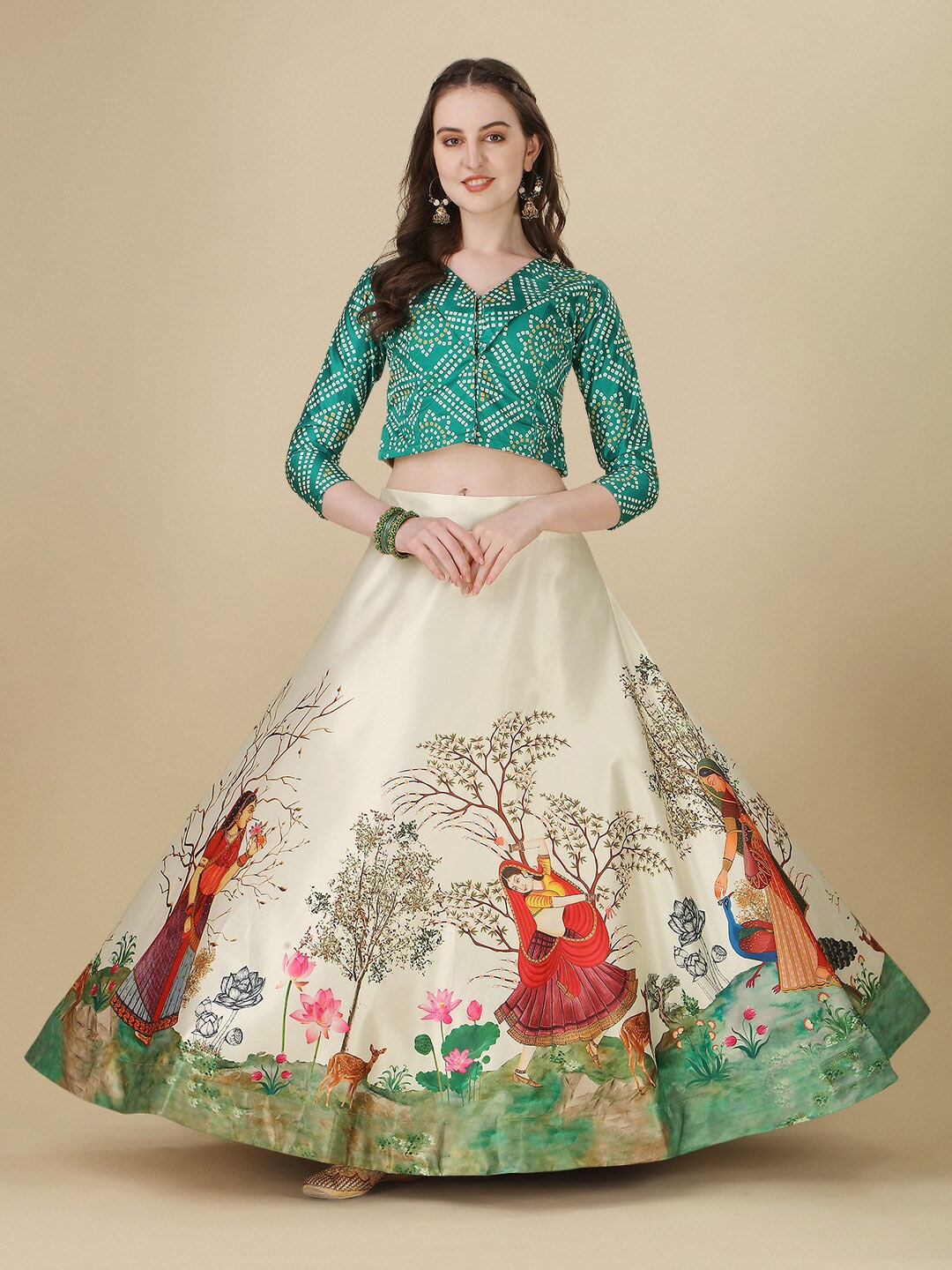 

Kaizen TEXO FAB Bandhani Printed Semi-Stitched Lehenga & Blouse With Dupatta, Green