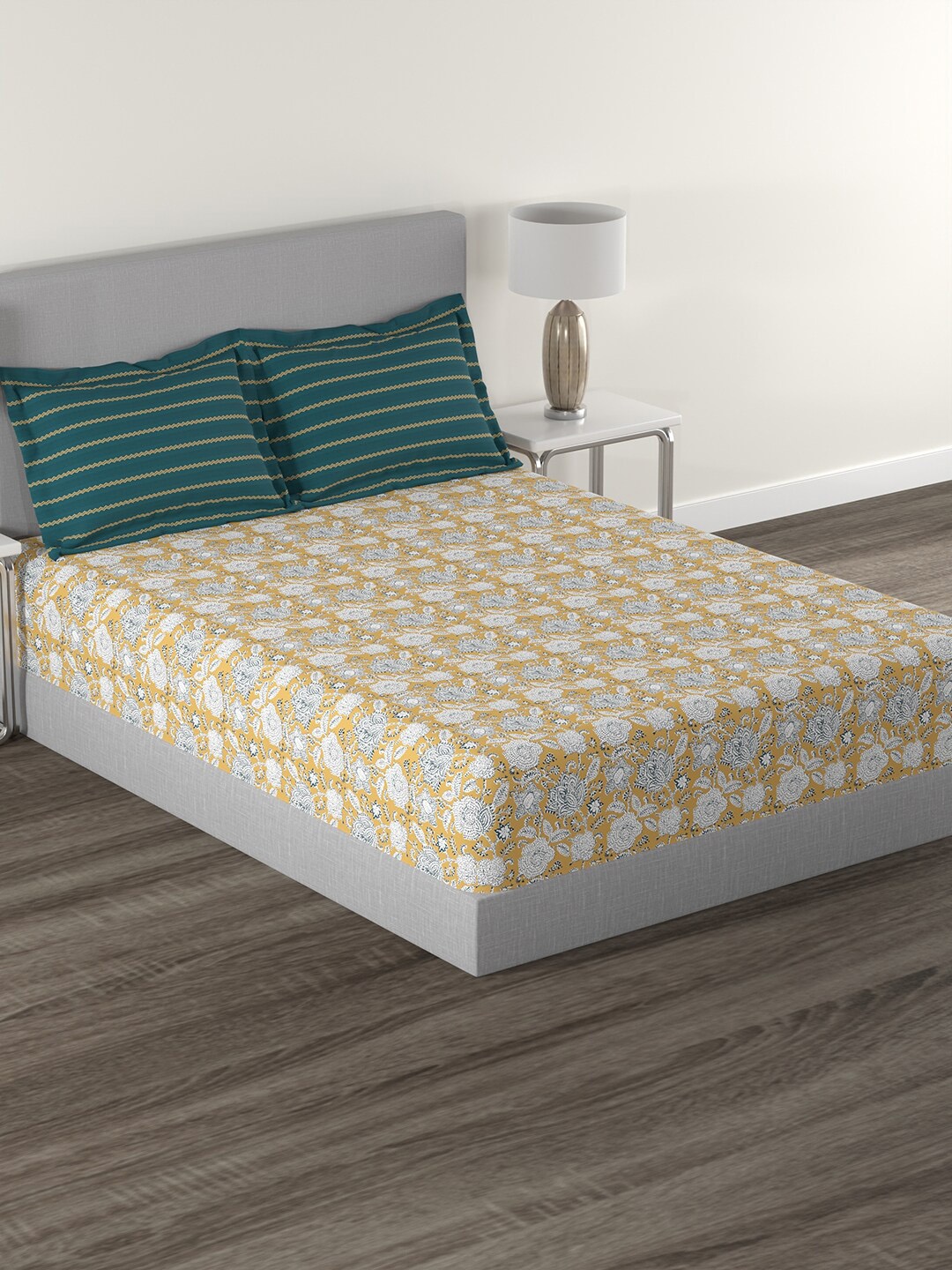 

MYTRIDENT Mustard White Floral Cotton 144 TC Queen Bedsheet With 2 Pillow Covers