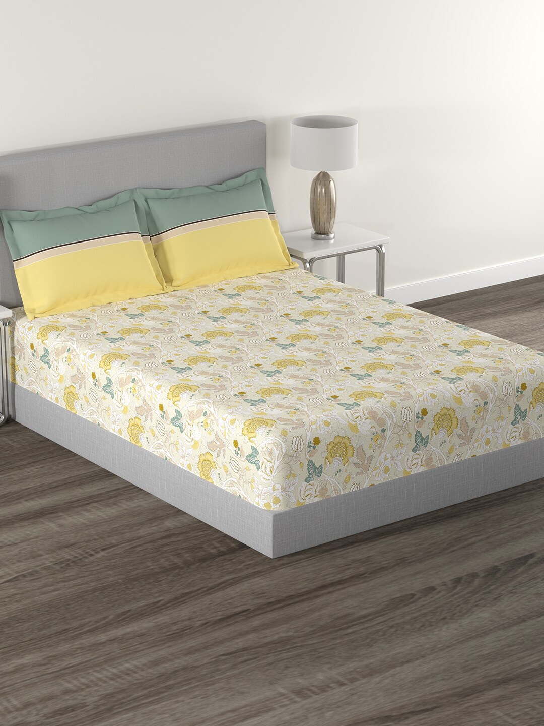 

MYTRIDENT Yellow White Floral Cotton 144 TC Queen Bedsheet With 2 Pillow Covers